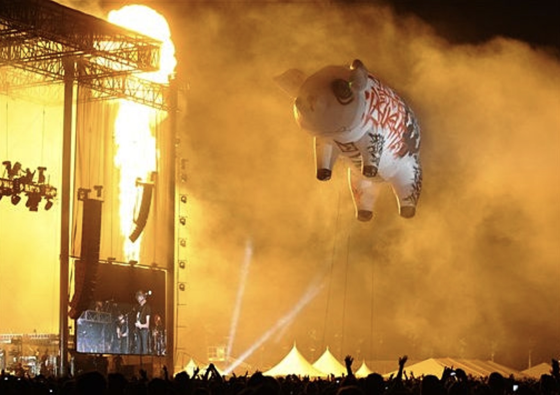 The giant inflatable pig of The Dark Side of the Moon Live tour at Coachella Music Festival 